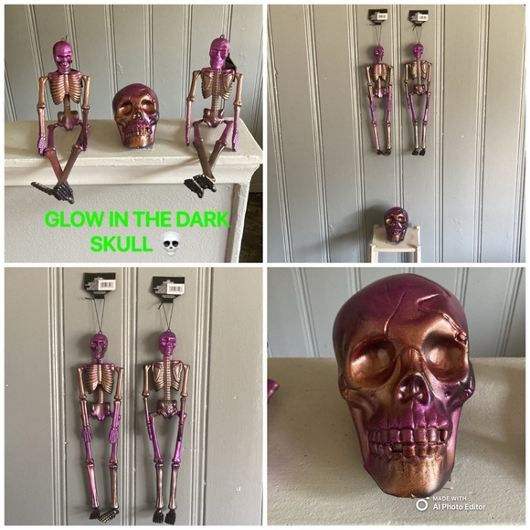 Set of 3- 2- 18” Metallic Finish Hanging Skeltons & GLOW IN THE DARK Skull 💀 - Picture 1 of 17